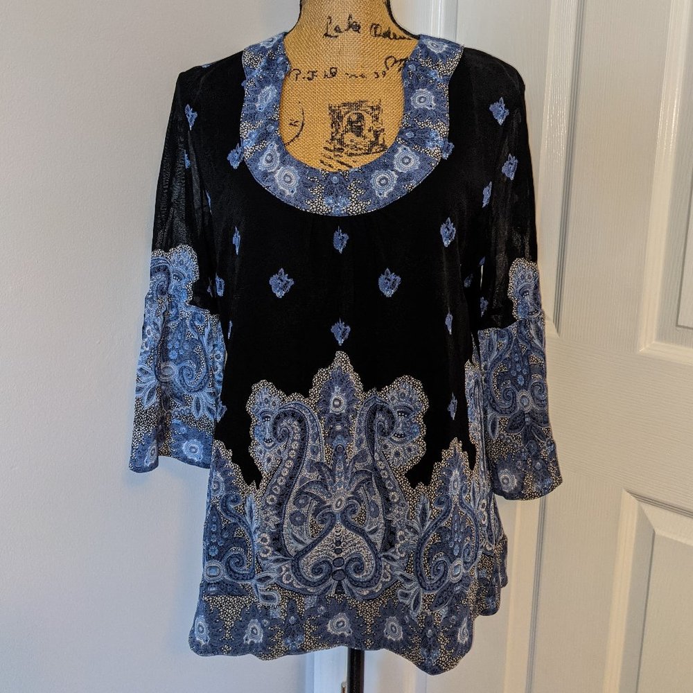 INC International Concepts Black Blue Women's Top Sheer Flare Sleeves Size 0X